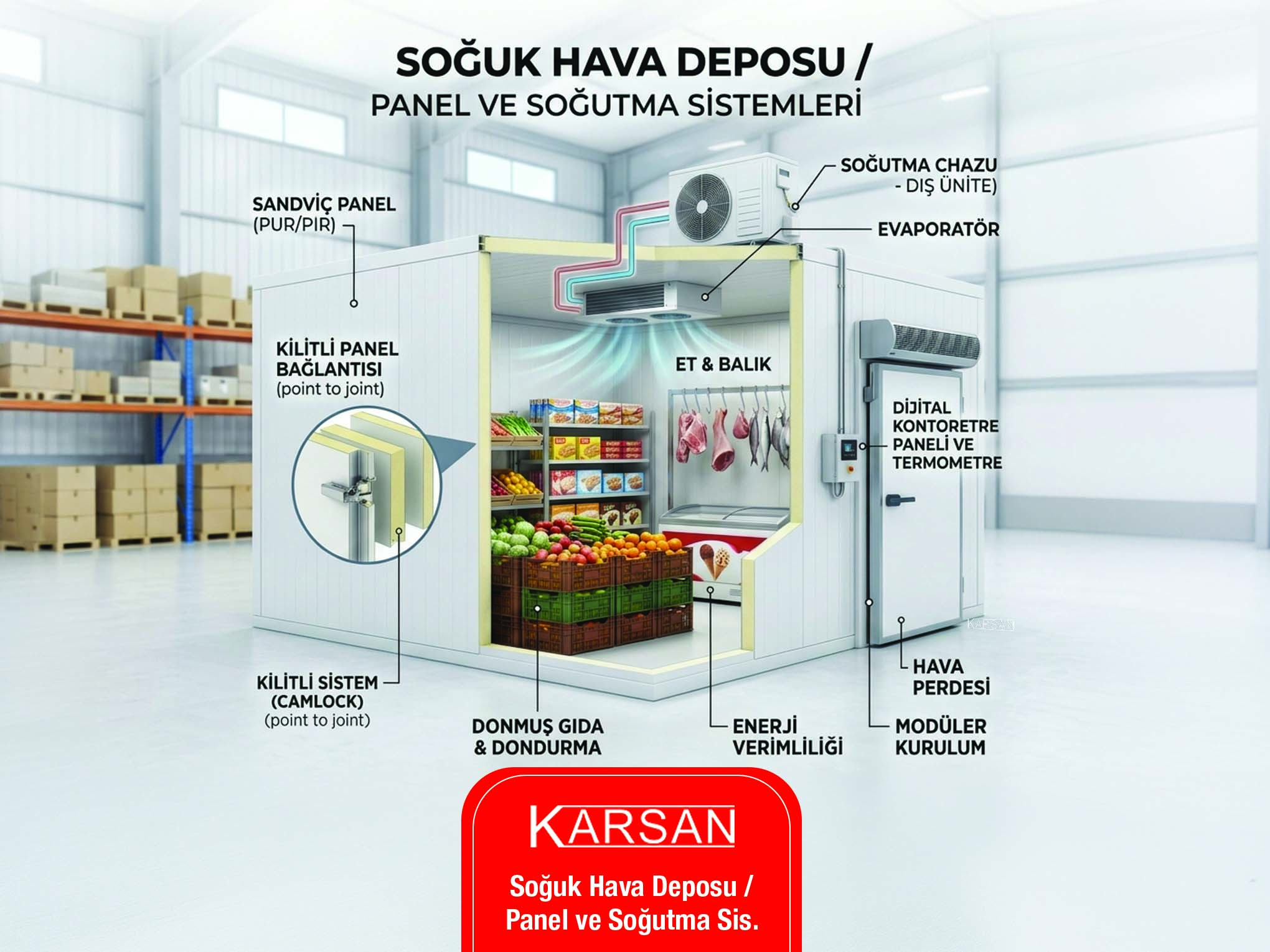 ndüstriyel soğuk hava deposu panelleri ve soğutma sistemleri teknik diyagramı.