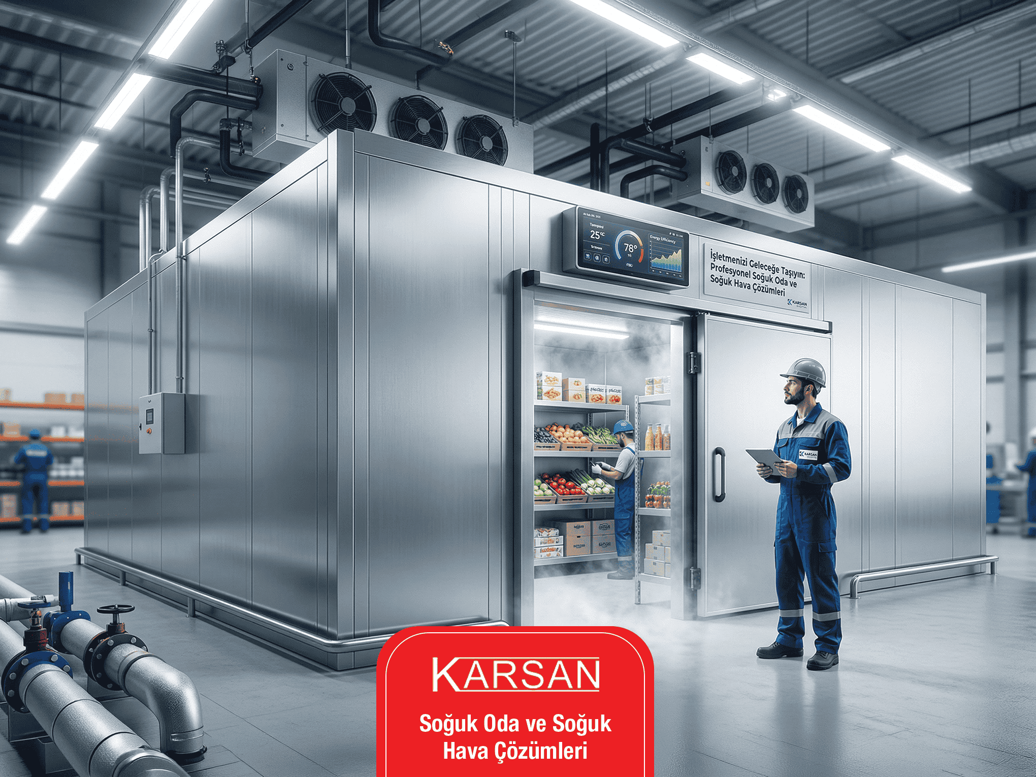 KARSAN Profesyonel Soğuk Oda Çözümleri: Gelişmiş kontrol teknolojisi ve optimize edilmiş depolama ile tazeliği koruyan, verimli soğutma sistemleri.